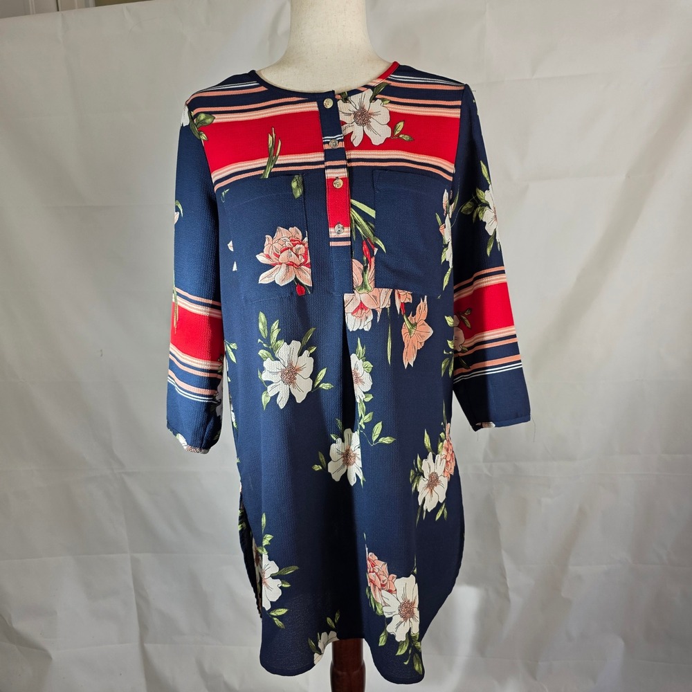 Fig and Flower Anthropology Navy Floral Striped‎ Tunic Blouse KEN2378C Medium